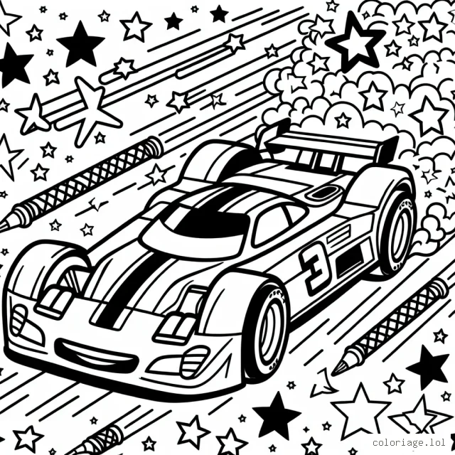 Dessine une voiture de course colorée en pleine compétition avec un ciel étoilé en arrière-plan