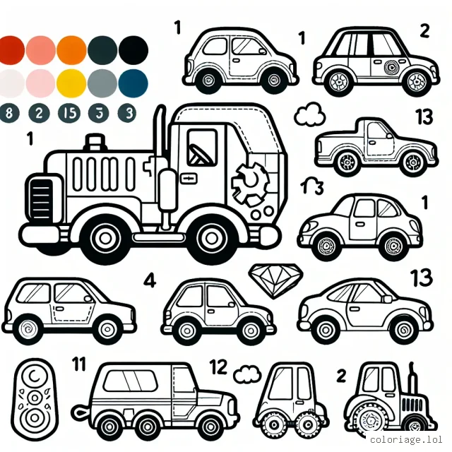 Colorie ces dessins de voitures par marque. Tu trouveras des voitures de marques différentes comme Mercedes, Ferrari, Citroën, Tesla, Bugatti et bien d'autres. N'oublie pas de suivre les numéros pour bien choisir les couleurs !
