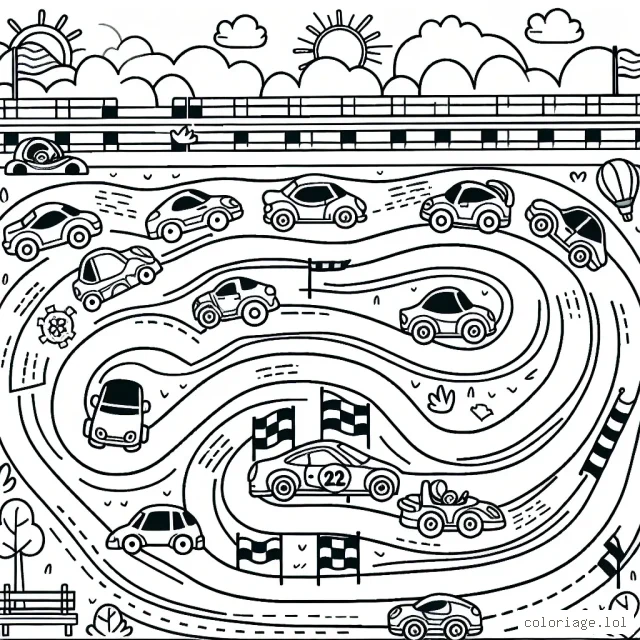Illustration d'un circuit automobile animé avec divers types de voitures à colorier