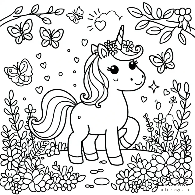 Une licorne magique dans un jardin enchanté avec des fleurs et des papillons colorés.