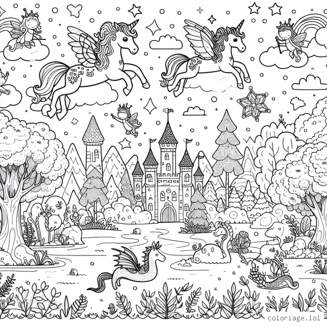 Imagine un paysage enchanté peuplé de créatures magiques comme des licornes, des fées et des dragons.