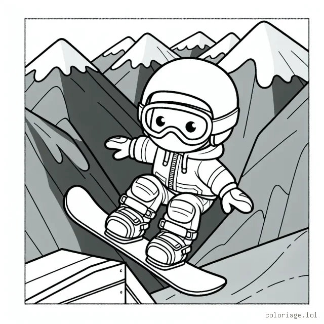 Dessine un snowboardeur arborant des équipements de sécurité alors qu'il se prépare à prendre un saut gigantesque avec les montagnes en arrière-plan.