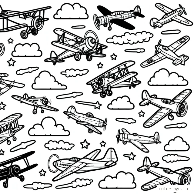 Visualisez un ciel bleu clair avec de nombreux avions de différentes formes et tailles. Certains sont des avions de chasse, d'autres sont des avions de ligne, des biplans anciens ou des jets privés. Imaginez chaque avion avec des détails fins et précis. En plus des avions, vous pouvez voir des traces de flammes et des trainées de nuages laissées par les avions dans le ciel.