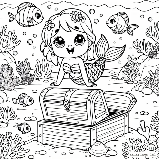 Une petite sirène curieuse explore un trésor échoué au fond de l'océan, entourée de ses amis poissons colorés et de magnifiques coraux.