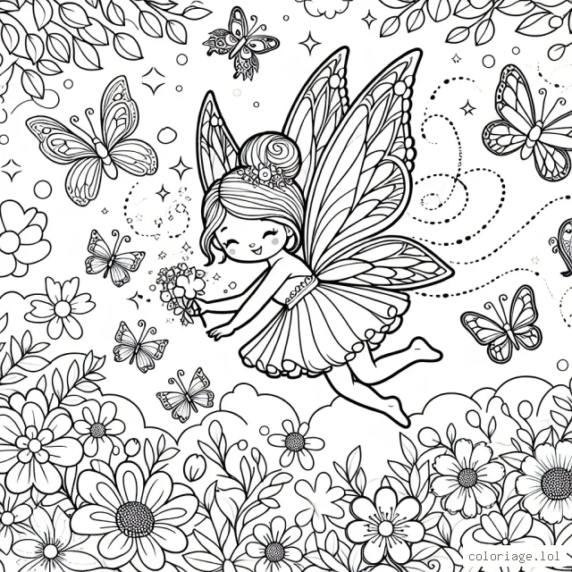 Un magnifique monde féérique plein de magie, avec une adorable petite fée douce et aile brillante, volant parmi de belles fleurs, de doux papillons et de gentils animaux de la foret.