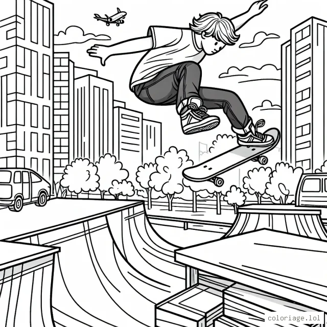Dans ce dessin, tu découvriras un skateur qui réalise une incroyable figure dans un skate park urbain. Il est en plein saut, au-dessus d'une immense rampe. Des immeubles se dessinent en arrière-plan. Aide-le à prendre des couleurs !