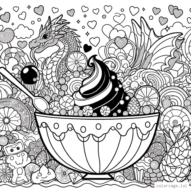 Imagine un dessert fantastique unique rempli de fruits colorés, de bonbons scintillants et d'un dragon cracheur de glace.