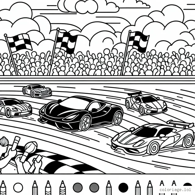 Dessine une scène d'une course passionnante avec des voitures de sport colorées se précipitant sur une piste animée, avec un public qui acclame en arrière-plan.