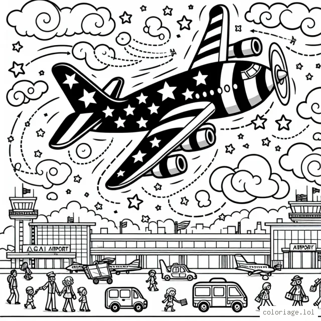 Un avion virevolte dans le ciel nuageux avec en arrière-plan un aéroport vibrant d'activité. L’avion est décoré avec des étoiles et des rayures, rappelant le style et l'ambiance des acrobaties aériennes. Autour de l'avion, trouvez des nuages à colorier avec différentes teintes et formes. Au sol, des véhicules et des bâtiments d’aéroport exigent une attention aux détails. Des gens sont visibles, explorant l'aéroport ou observant l'avion avec émerveillement.
