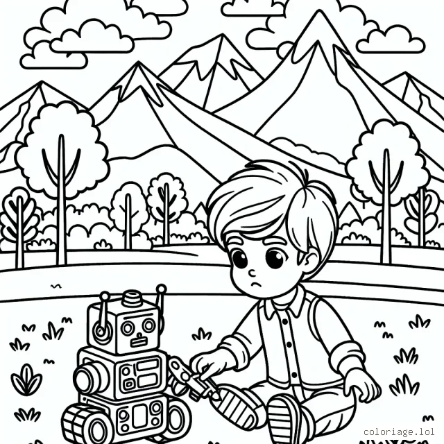 Un jeune garçon joue avec son robot dans le parc, la vue est surplombée par des montagnes en arrière-plan.