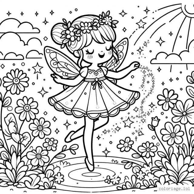 Une jolie fée qui danse dans un jardin parsemé de fleurs lumineuses sous un ciel étoilé