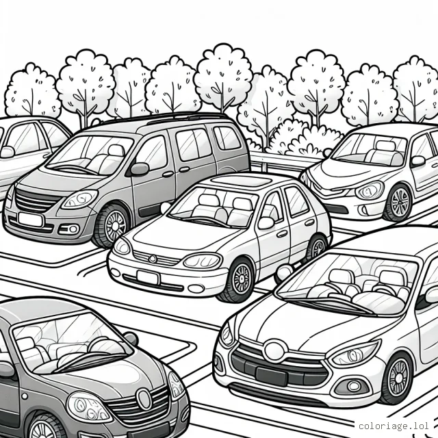 Voici une scène de voitures stationnées par marque. Vous pouvez voir différents types de voitures, telles que Ford, Renault, Toyota et Mercedes, toutes alignées dans un parking. Votre tâche est de remplir ces voitures avec des couleurs vibrantes.