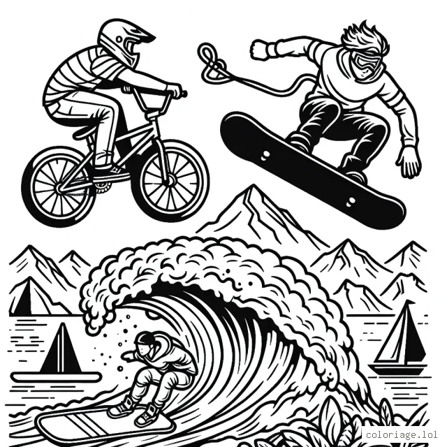 Un athlète en plein saut en BMX sur une rampe de skate parc, un autre surfeur chevauchant une vague géante, et un sportif en train de faire du snowboard sur une montagne enneigée.