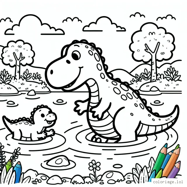 Cette scène donne vie à un charmant petit dinosaure qui apprend à nager dans un lac sous l'œil attentif de sa maman dinosaur. Les enfants auront l'occasion d'exprimer leur créativité en colorant le petit dinosaure, l'eau du lac, les arbres environnants et bien plus encore.