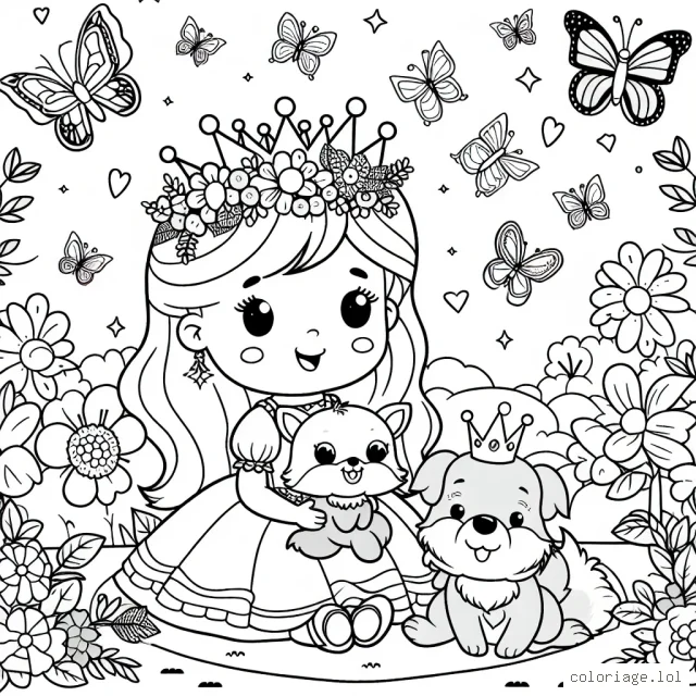 Dessine une princesse qui joue avec ses animaux dans un jardin magique plein de fleurs et de papillons colorés.