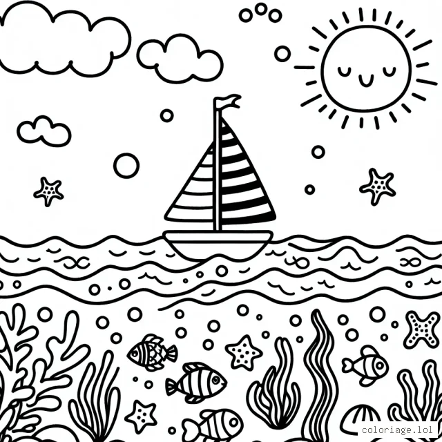 Un petit voilier naviguant sur l’océan, avec des poissons colorés, des étoiles de mer et des algues en dessous, sous un ciel rempli de nuages et un soleil souriant.