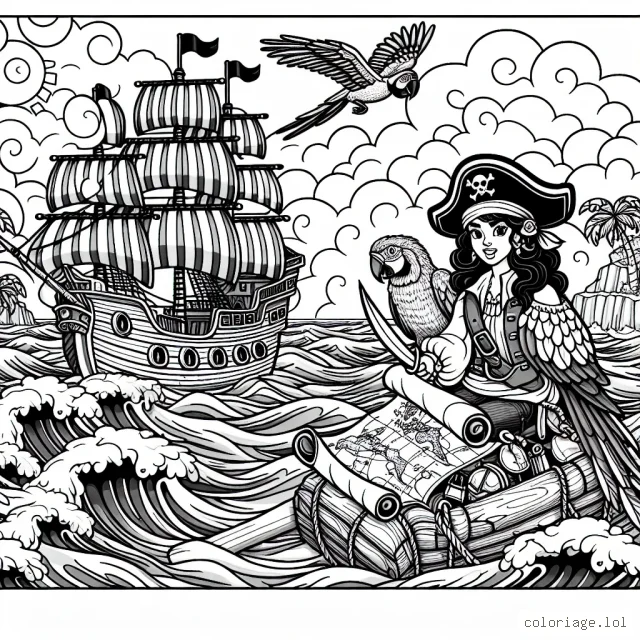 Sur l'océan, un bateau pirate navigue sur des vagues géantes. À bord, un fier capitaine pirate et son perroquet coloré sont en train de regarder la carte au trésor plein d'énigmes. C'est une belle journée ensoleillée, les nuages sont en train de jouer dans le ciel bleu. Une île mystérieuse est visible à l'horizon. Pouvez-vous colorer cette scène en détails ?