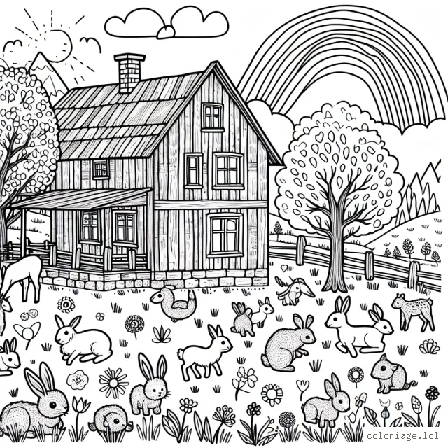 Imagine un paysage de rêve à la campagne avec une grande masure et un arc-en-ciel dans le ciel. Dessine une myriade de petits animaux autour comme des lapins, des cerfs et des écureuils. N'oublie pas de dessiner des arbres, de l'herbe et des fleurs autour. Fais ressortir le fourmillement de la vie à la campagne.