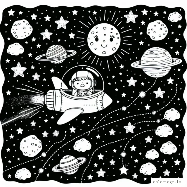 Dans une nuit étoilée, un jeune pilote courageux mène son vaisseau spatial entre les comètes et les planètes de la galaxie. Les étoiles scintillent et la lune regarde souriant. Un astéroïde avec une mine d'or brille au loin.