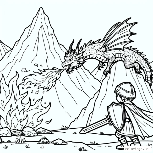 Dessin d'un jeune chevalier équipé de son épée et bouclier, prêt à affronter un dragon cracheur de flammes niché sur une montagne rocailleuse.