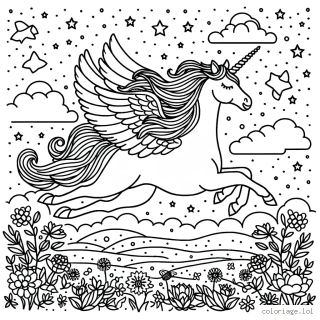 Imagine une magnifique licorne qui vole dans un ciel étoilé, au-dessus d'une plaine peuplée de jolies fleurs.