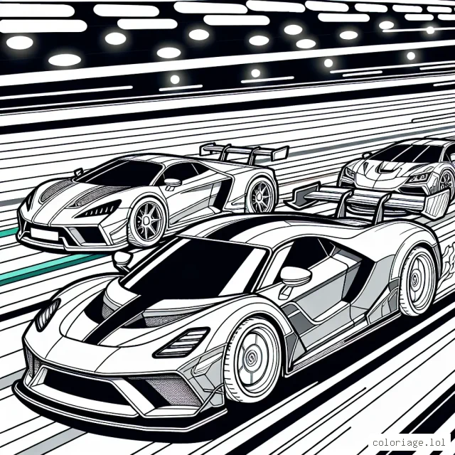 Dessinez et colorez une course effrénée entre des voitures de sports futuristiques sur une piste illuminée par des néons.
