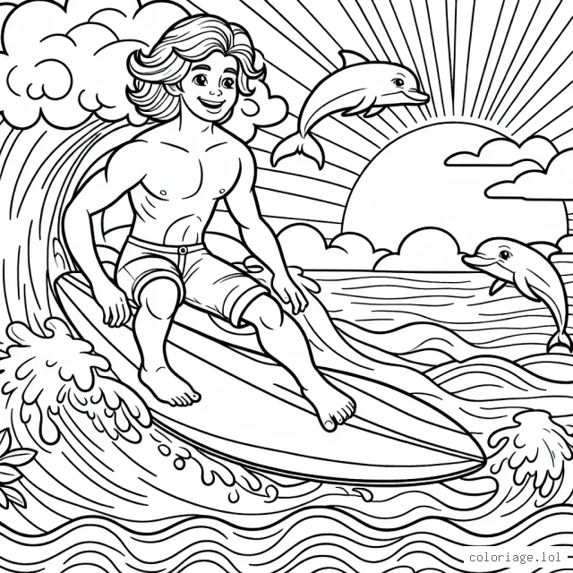 Dessiner un jeune surfeur en train de chevaucher une gigantesque vague, avec des dauphins qui sautent autour de lui et un soleil couchant à l'horizon.