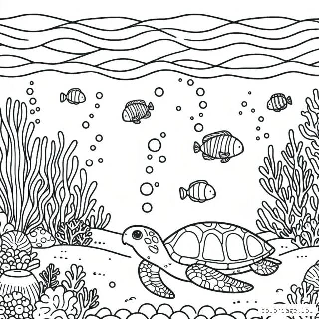 Un paysage aquatique foisonnant de vie avec des tortues marines, des poissons colorés et un trésor caché