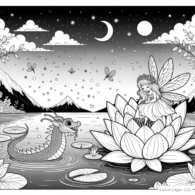Sur cette page, tu trouveras une jolie petite fée assise sur une fleur de lys géante au bord d'un lac mystique. Dans le ciel, des lucioles scintillantes jouent avec la lune et les étoiles. Sur l'autre rive du lac, des montagnes lointaines ajoutent un soupçon d'aventure. N'oublie pas de colorier le dragon de l'eau qui sort du lac et rend visite à la fée.