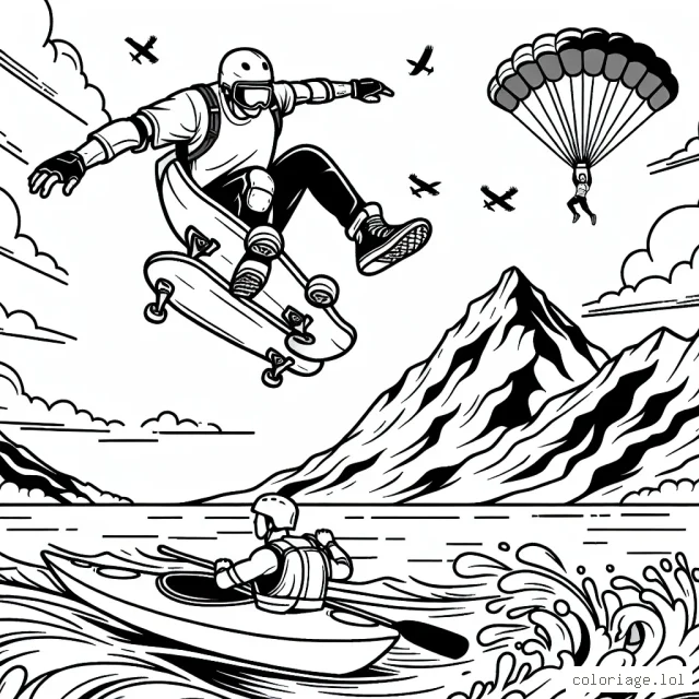 Une scène captivante d'un skateur sautant par-dessus une rampe à grande vitesse, sous un ciel éclatant. Sur le côté, un kayakiste navigue sur des eaux agitées. En arrière-plan, une montagne impressionnante avec des parachutistes en plein vol.