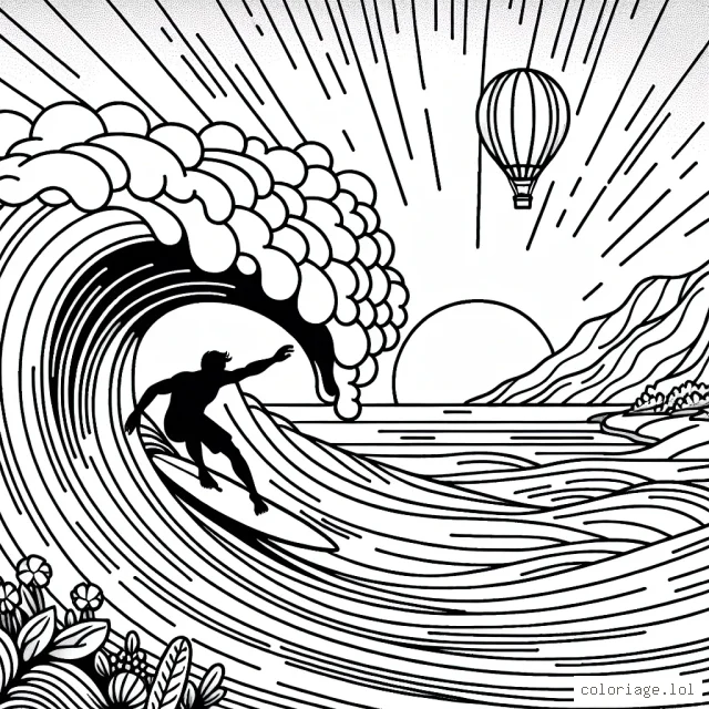 Surfeur chevauchant une vague géante au lever du soleil, faisant des figures acrobatiques impressionnantes tandis que, dans le lointain, une montgolfière survole le paysage