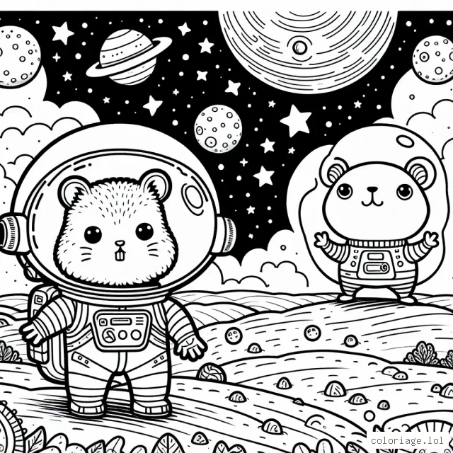 Un hamster astronaute explorant une nouvelle planète peuplée d'aliens amicaux