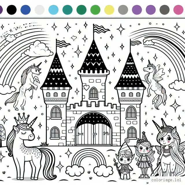 Dessine un château enchanté peuplé de licornes multicolores, de drôles de lutins et d'arcs-en-ciel étincelants. N'oublie pas le roi et la reine, vêtus de leurs plus beaux costumes royaux. Les enfants pourront mettre de la couleur à ce monde féerique.