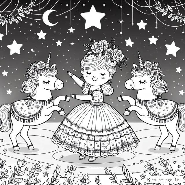 Princesse Amélie danse avec des licornes qui portent de beaux chapeaux ornés de fleurs sous un ciel étoilé.