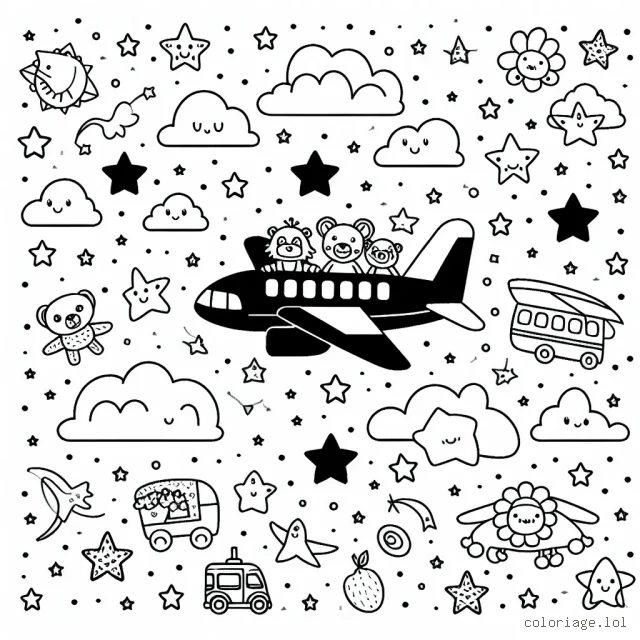 Imagine un avion survolant le ciel étoilé et bondé de nuages. Sur l'avion, des passagers d'animaux de la jungle sont visibles à travers les fenêtres, vivant des moments de joie. Les étoiles sont des formes différentes, ressemblant à des animaux, des fruits, des véhicules et des formes géométriques.