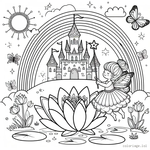 Une petite fée tient une baguette magique, suspendue à une fleur de lotus devant un château enchanteur entouré d'arc-en-ciel et de papillons colorés.