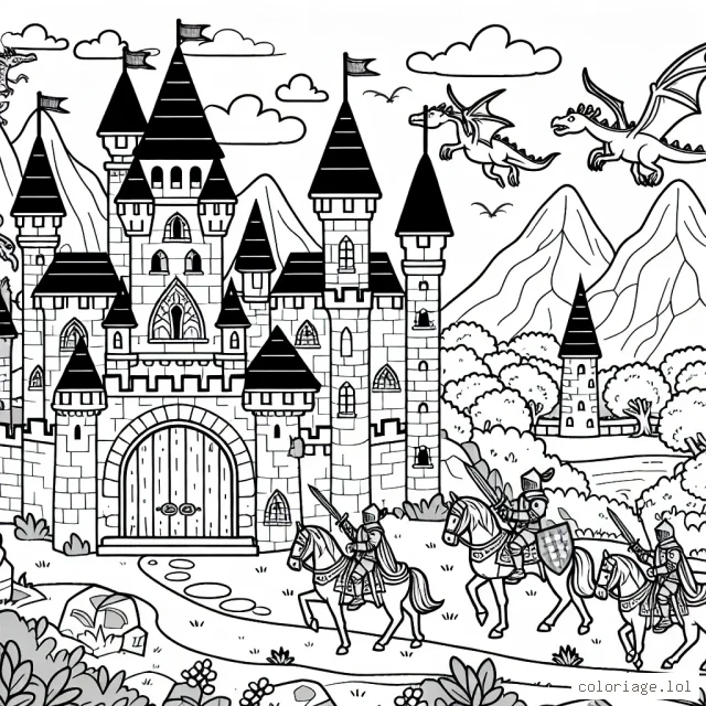 Un château médiéval avec des chevaliers et des dragons dans un paysage de conte de fées
