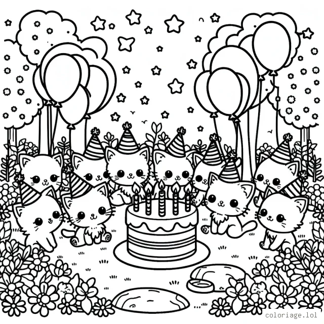 Un groupe de chatons mignons ayant une fête d'anniversaire dans un jardin enchanteur.