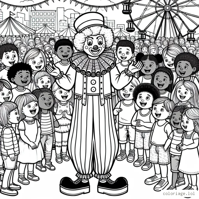 Un clown faisant des tours de magie à un groupe d'enfants lors d'une fête foraine