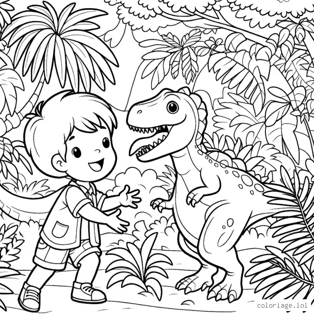 Un petit garçon joue avec des dinosaures dans une jungle foisonnante.
