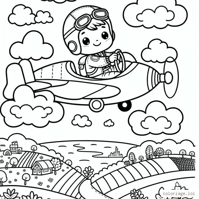 Un aventurier aviateur vole au-dessus des nuages avec son petit avion à hélice, en dessous de lui on peut voir une ville, des champs et un fleuve