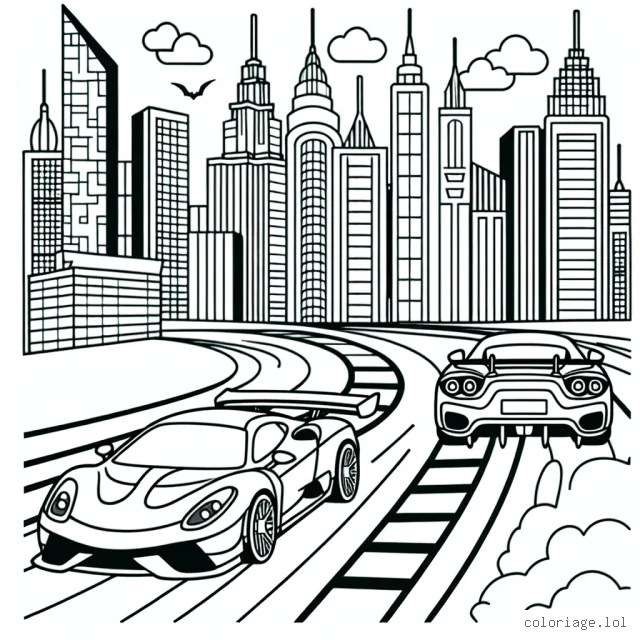 Dessine une course captivante de voitures sportives à travers une ville animée.