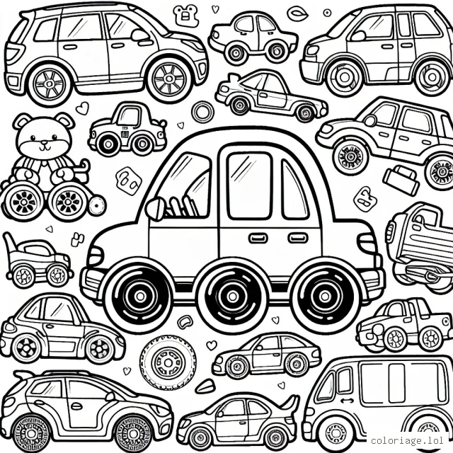 Coloriage détaillé avec un assortiment de voitures par marque