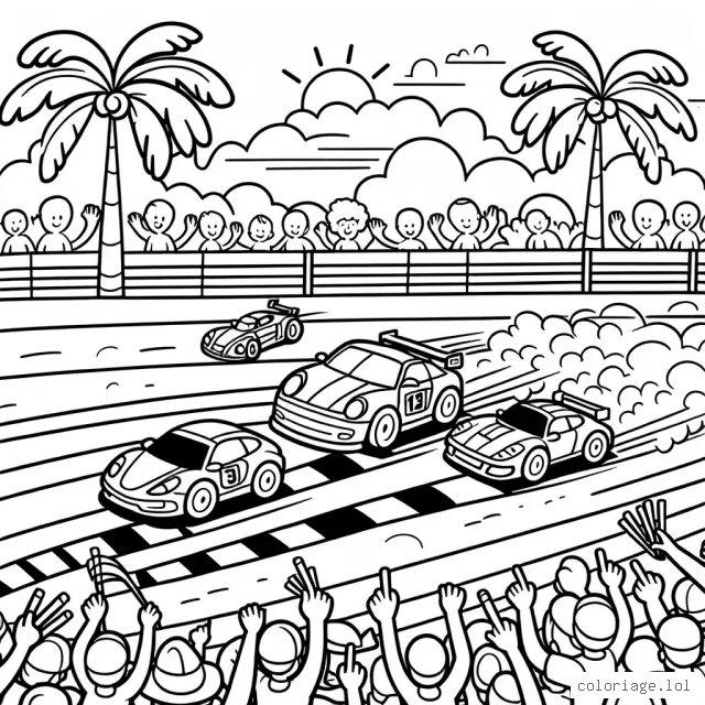 Dessine une scène animée d'un circuit de course automobile. Tu as trois voitures de course, une rouge, une bleue et une verte. Tu as aussi des fanatiques qui encouragent les voitures, des palmiers autour de la piste et un ciel ensoleillé pour compléter le tableau.