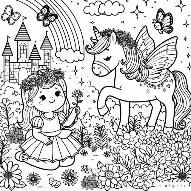 Une petite princesse avec sa licorne magique dans un royaume enchanté entourée de papillons colorés et de jolis fleurs