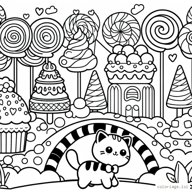 Un petit chat curieux explore le pays des bonbons, rempli d'arbres en lollipop, de maisons gâteau et de rivières de soda. Il y a même un pont en guimauve !