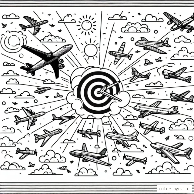 Imagine un grand ciel bleu comme toile de fond où plusieurs avions de différentes époques et de styles différents volent ensemble. De l'avion à hélice classique aux jets modernes, tous convergent vers un même point dépeint comme une cible sur un nuage. Il y a aussi le soleil à colorier et quelques petits oiseaux volent autour des avions.