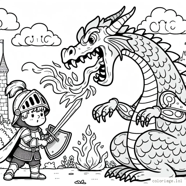 Sur cette image, nous avez un jeune chevalier courageux qui est prêt à affronter un grand dragon cracheur de feu. Il est doté d'une armure, une grande épée et un bouclier. Le dragon fait peur mais le chevalier reste inébranlable et montre son courage. De plus, il y a beaucoup d'éléments autour comme un château médiéval, de jolis nuages dans le ciel, et un paysage magnifique.