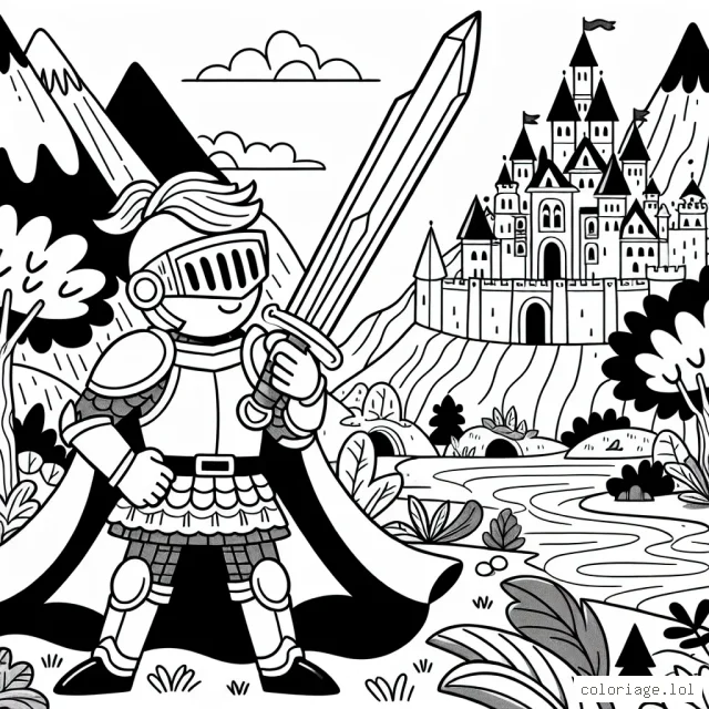 Imagine un brave jeune chevalier en armure étincelante, brandissant une grande épée, prêt à défendre son royaume contre les forces du mal. Son royaume comporte des châteaux majestueux, une jungle dense, des montagnes élevées et des rivières serpentines.