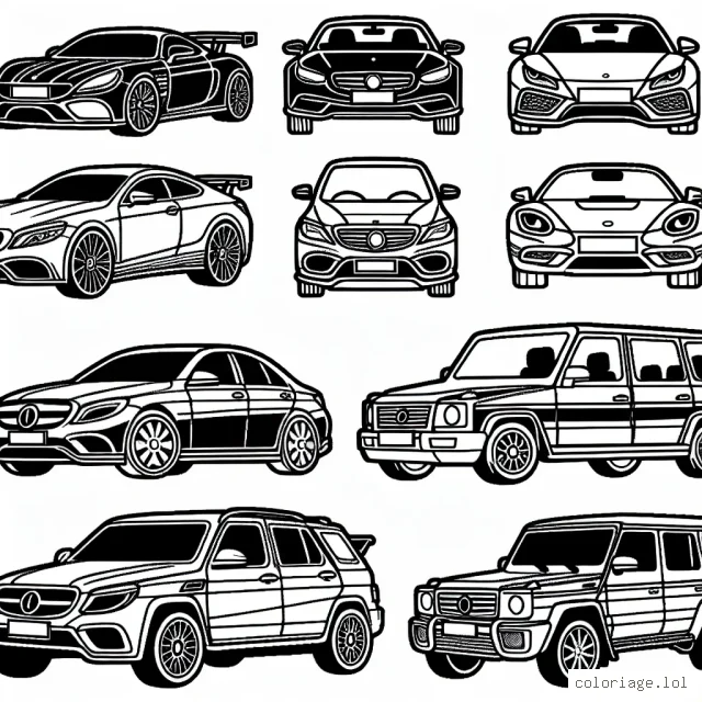 Dessins de voitures par marques à colorier. Vous trouverez des voitures de toutes les marques : Audi, BMW, Mercedes, Toyota, etc. Choisissez votre préférée et donnez vie à vos couleurs!
